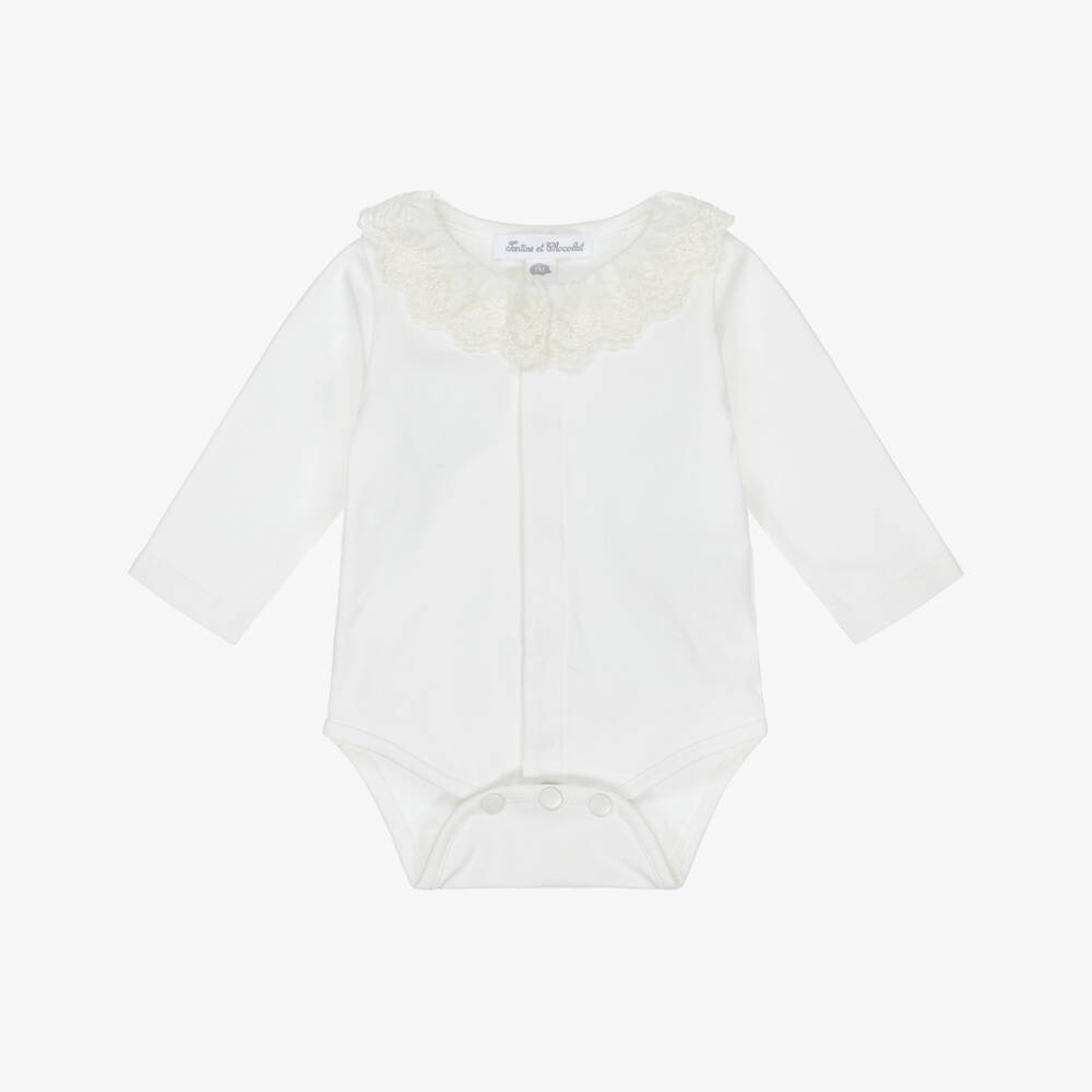 Tartine et Chocolat-Ivory Cotton Bodysuit with Lace Collar | Childrensalon Outlet