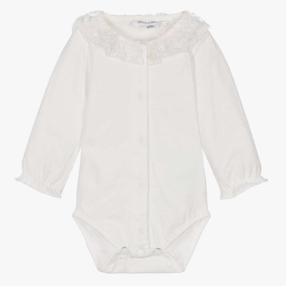 Tartine et Chocolat-Ivory Cotton & Lace Collar Bodysuit | Childrensalon Outlet