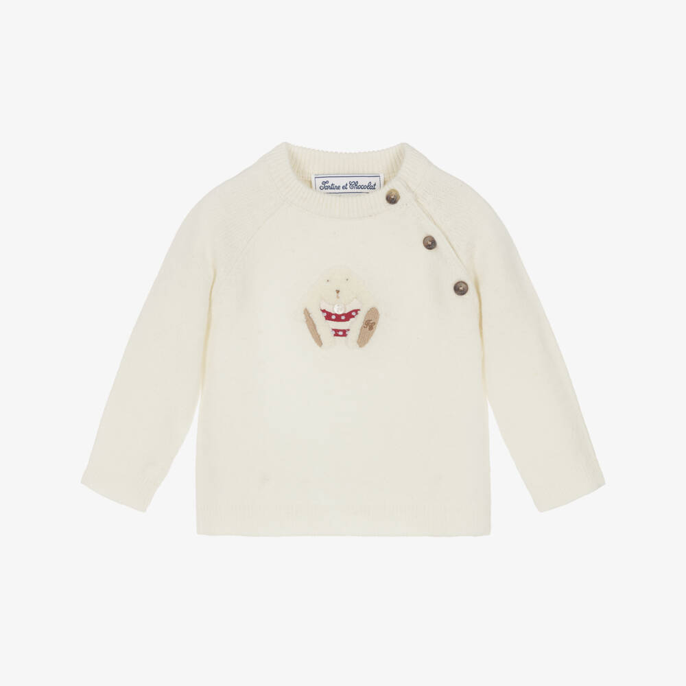 Tartine et Chocolat-Ivory Wool Knitted Fluffy Bunny Sweater | Childrensalon Outlet