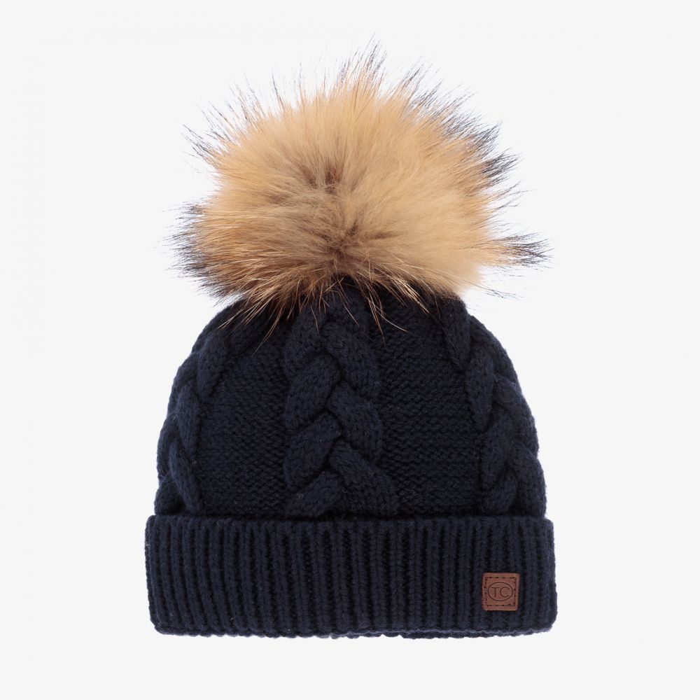 Tartine et Chocolat - Navy Blue Cotton Pom-Pom Hat | Childrensalon