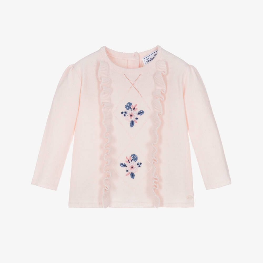 Tartine et Chocolat-Pink Knitted Floral Sweater | Childrensalon Outlet