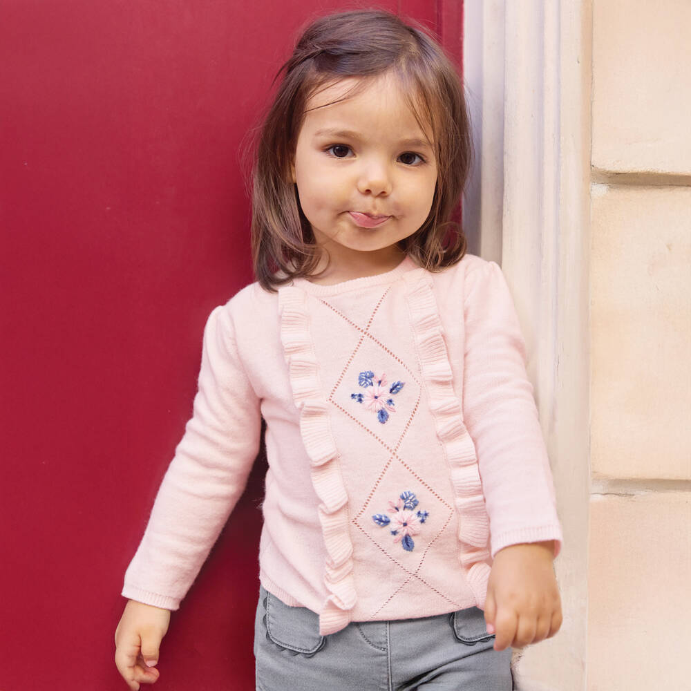 Tartine et Chocolat-Pink Knitted Floral Sweater | Childrensalon Outlet