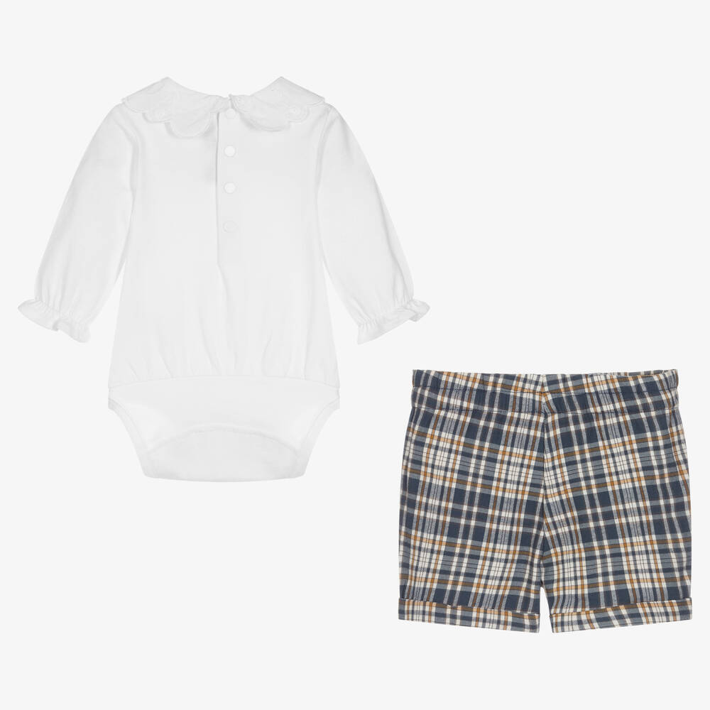 Tartine et Chocolat-طقم شورت أطفال بناتي قطن كاروهات لون أبيض وأزرق | Childrensalon Outlet