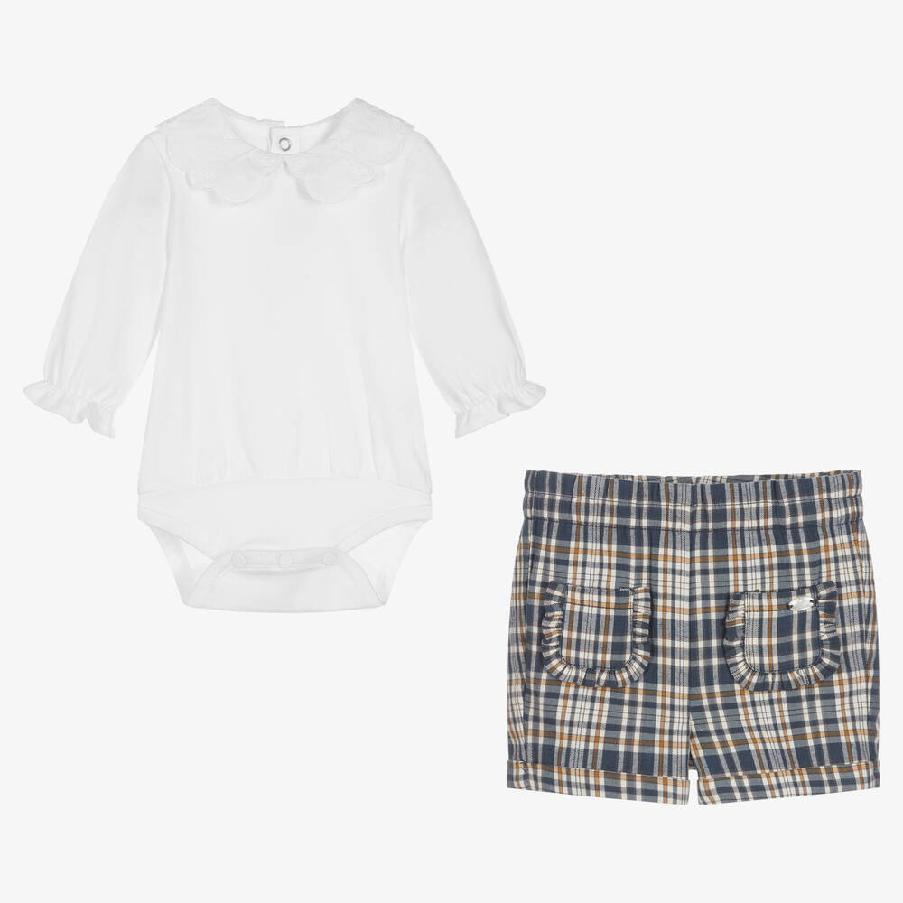 Tartine et Chocolat-طقم شورت أطفال بناتي قطن كاروهات لون أبيض وأزرق | Childrensalon Outlet