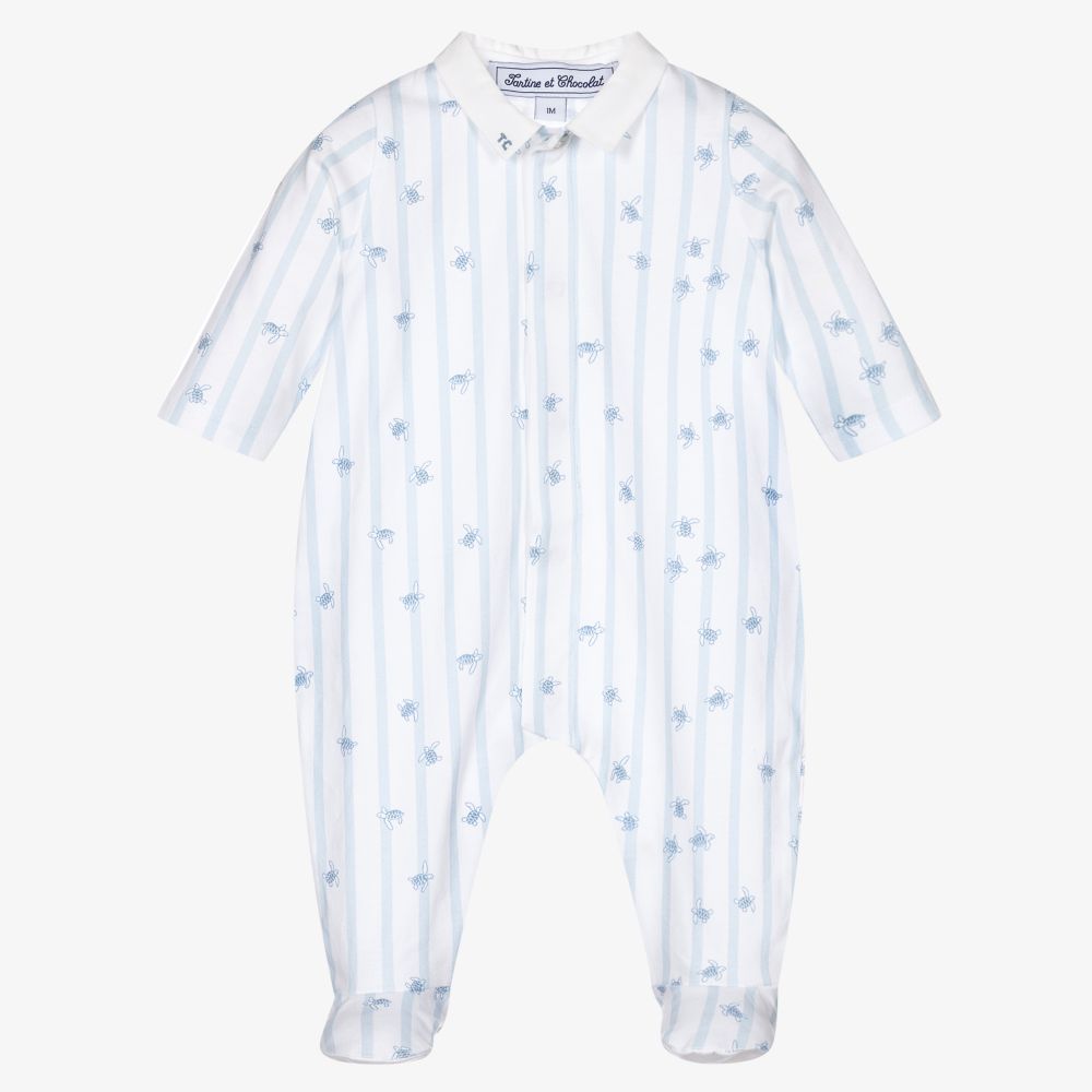 Tartine et Chocolat - White & Blue Turtle Babygrow | Childrensalon