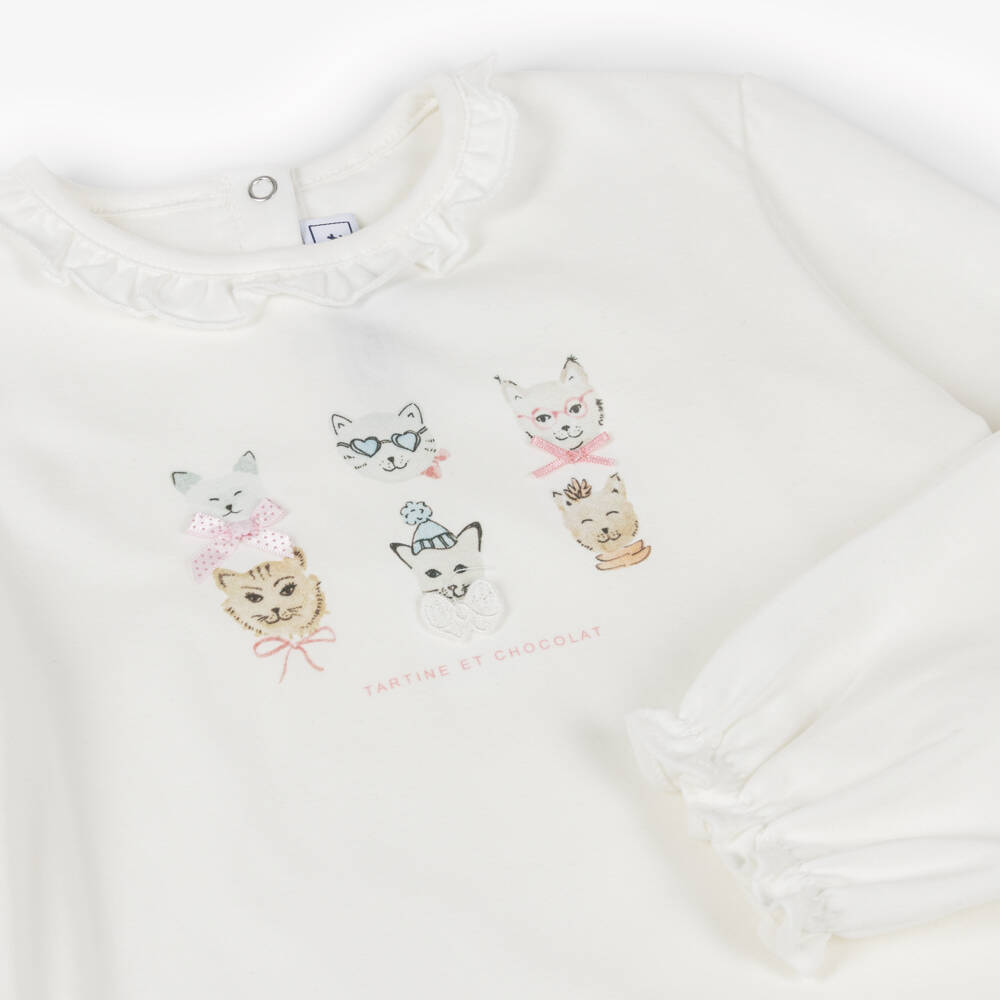 Tartine et Chocolat-White Cat Print Bow Long Sleeve Top | Childrensalon Outlet