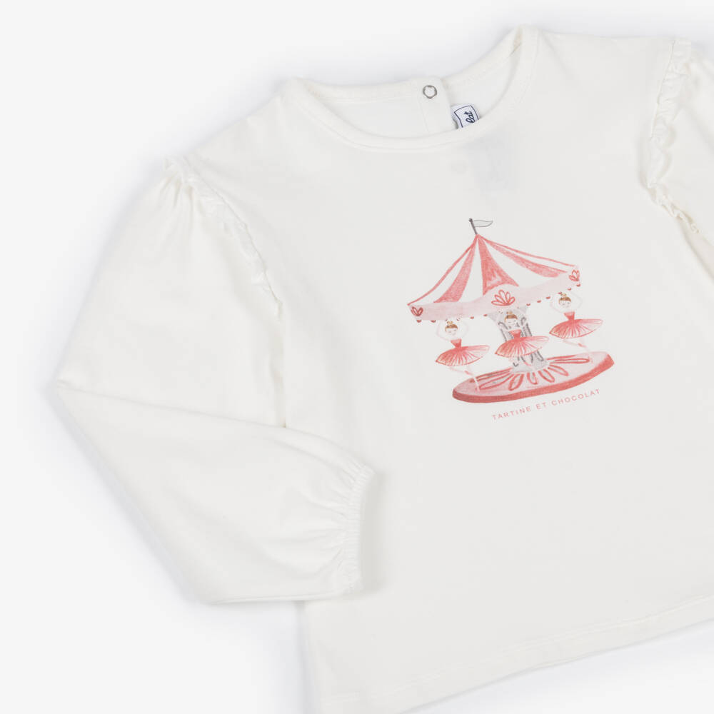 Tartine et Chocolat-White Coral Ballerina Print Long Sleeve Top | Childrensalon Outlet