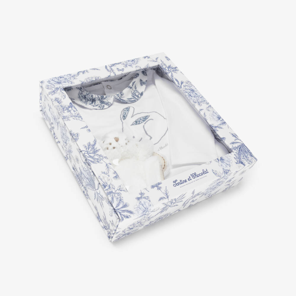 Tartine et Chocolat-White Cotton Babygrow & Soft Toy Gift Set | Childrensalon Outlet