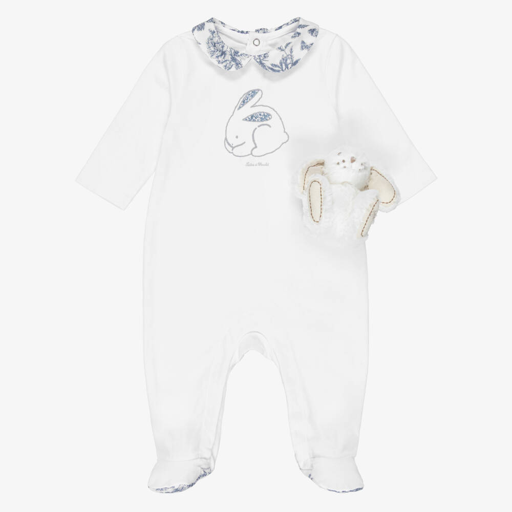 Tartine et Chocolat-White Cotton Babygrow & Soft Toy Gift Set | Childrensalon Outlet