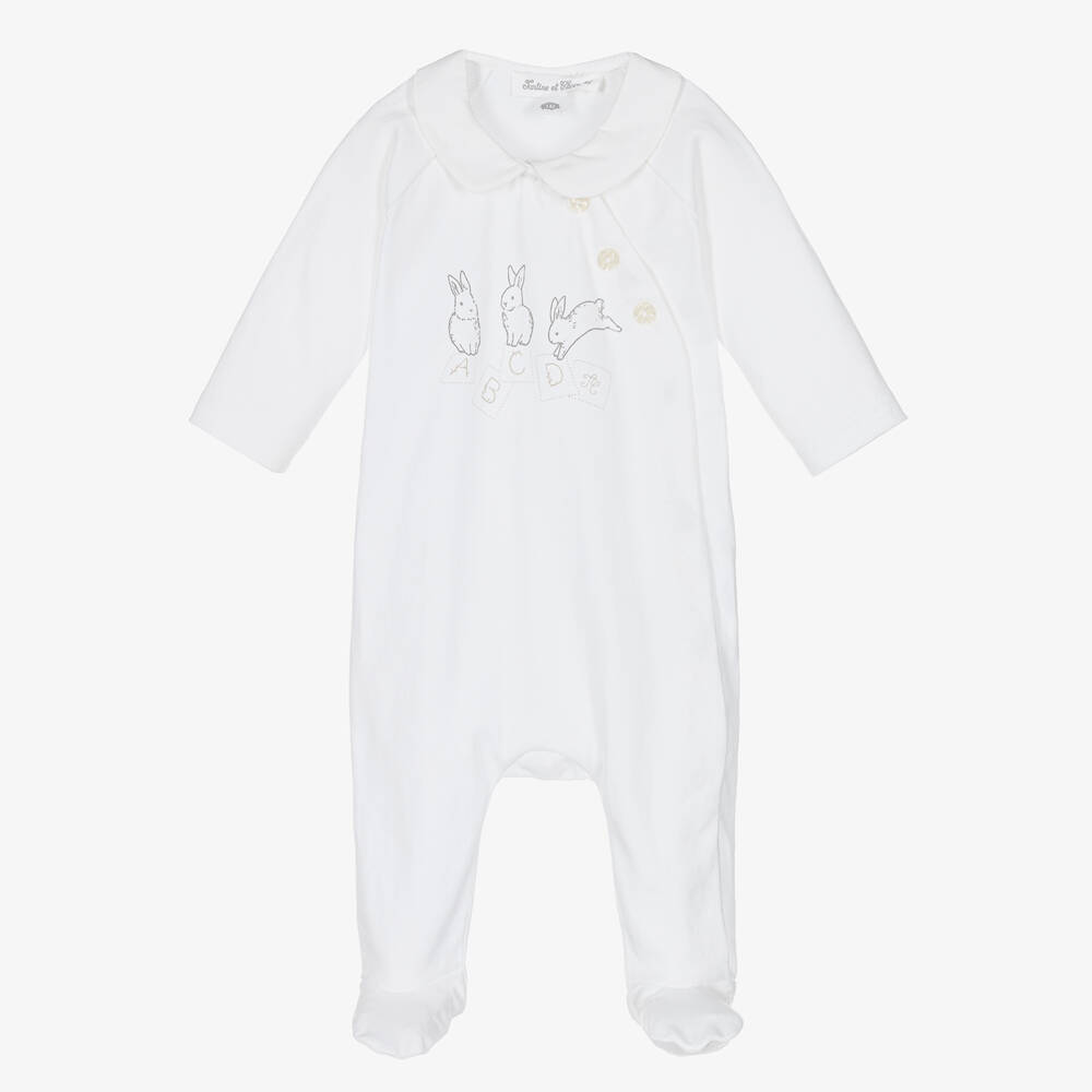 Tartine et Chocolat - White Cotton Bunny Babygrow | Childrensalon