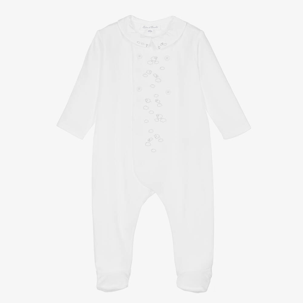 Tartine et Chocolat - White Embroidered Velour Babygrow | Childrensalon