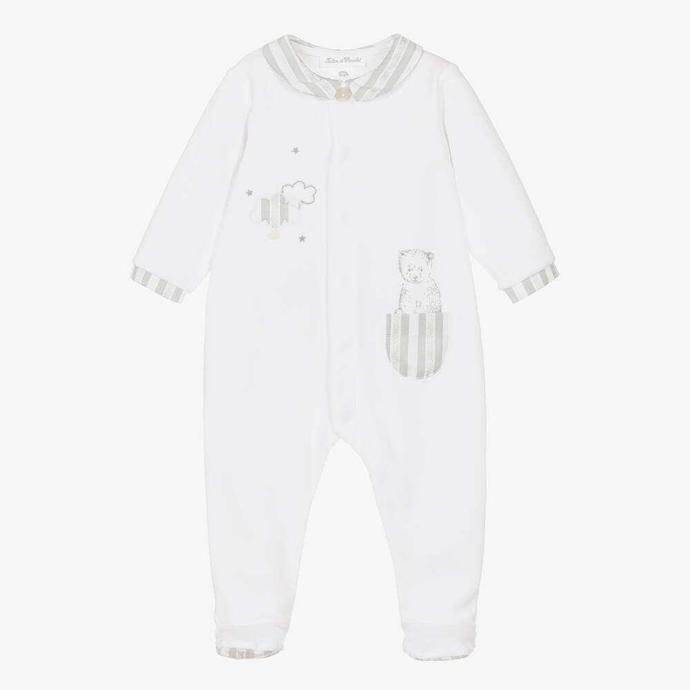 Tartine et Chocolat-White & Grey Cotton Velour Babygrow | Childrensalon Outlet