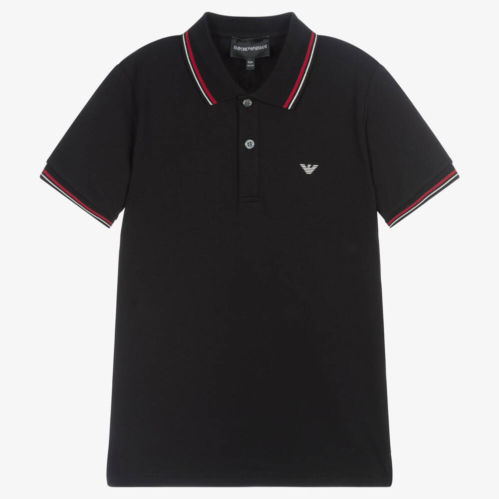 Emporio Armani-Teen Boys Black Cotton Polo Shirt With Eagle Logo | Childrensalon Outlet
