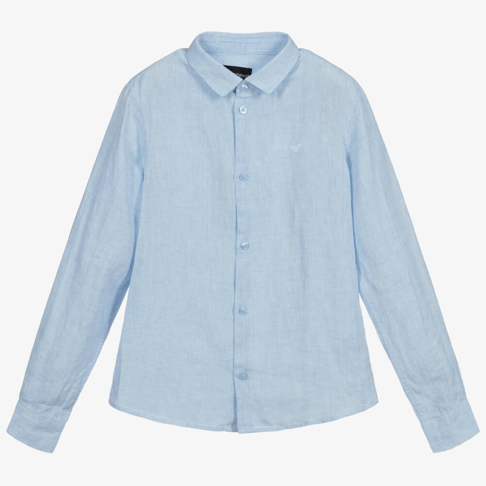 Emporio Armani-Teen Boys Light Blue Linen Logo Shirt | Childrensalon Outlet