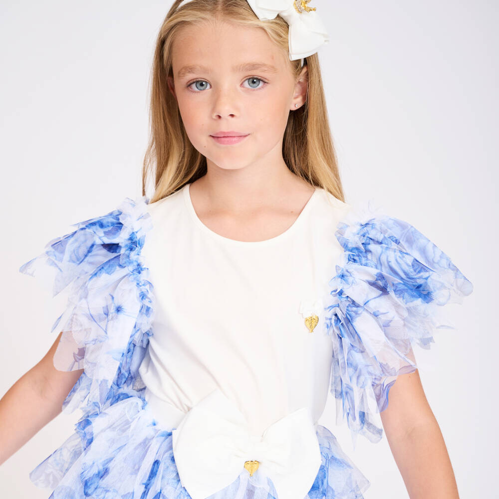 Angel's Face-Teen Girls White & Blue Tulle Sleeve Top | Childrensalon Outlet