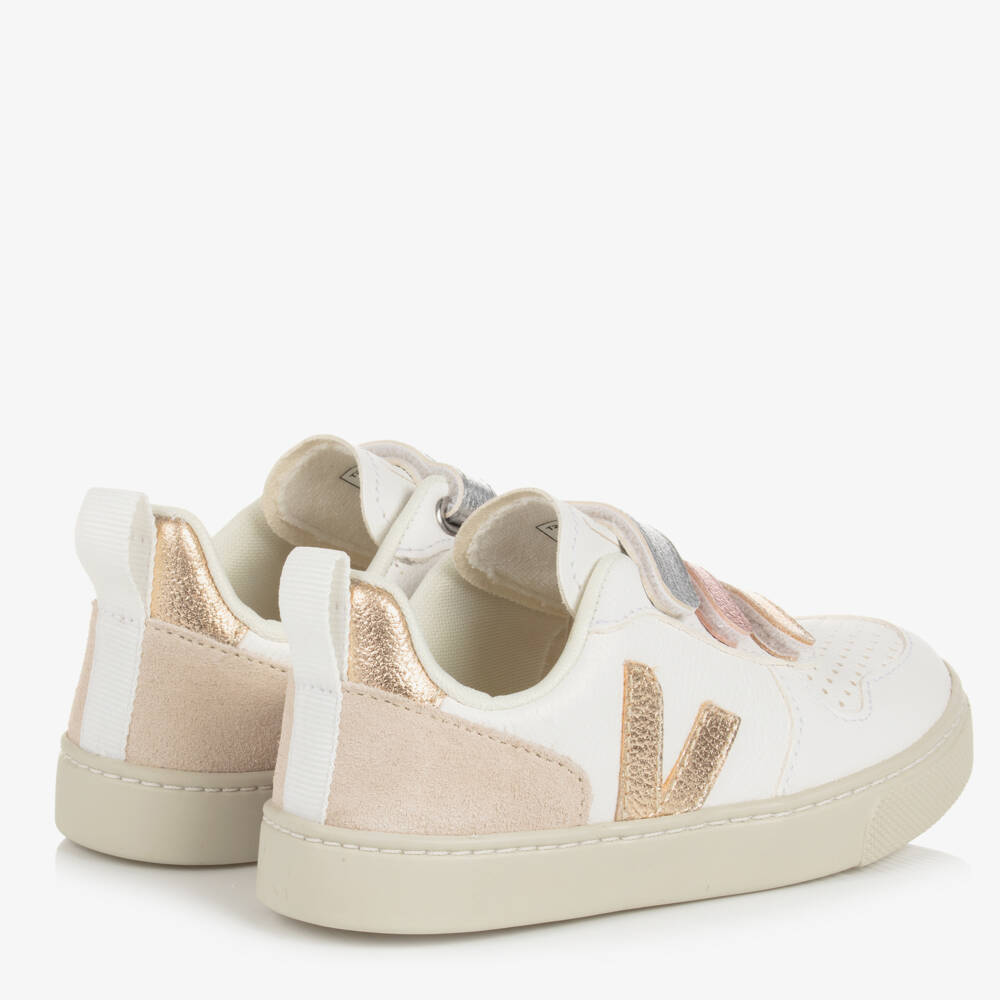 VEJA-Teen White & Metallic Gold Leather V-10 Trainers | Childrensalon Outlet