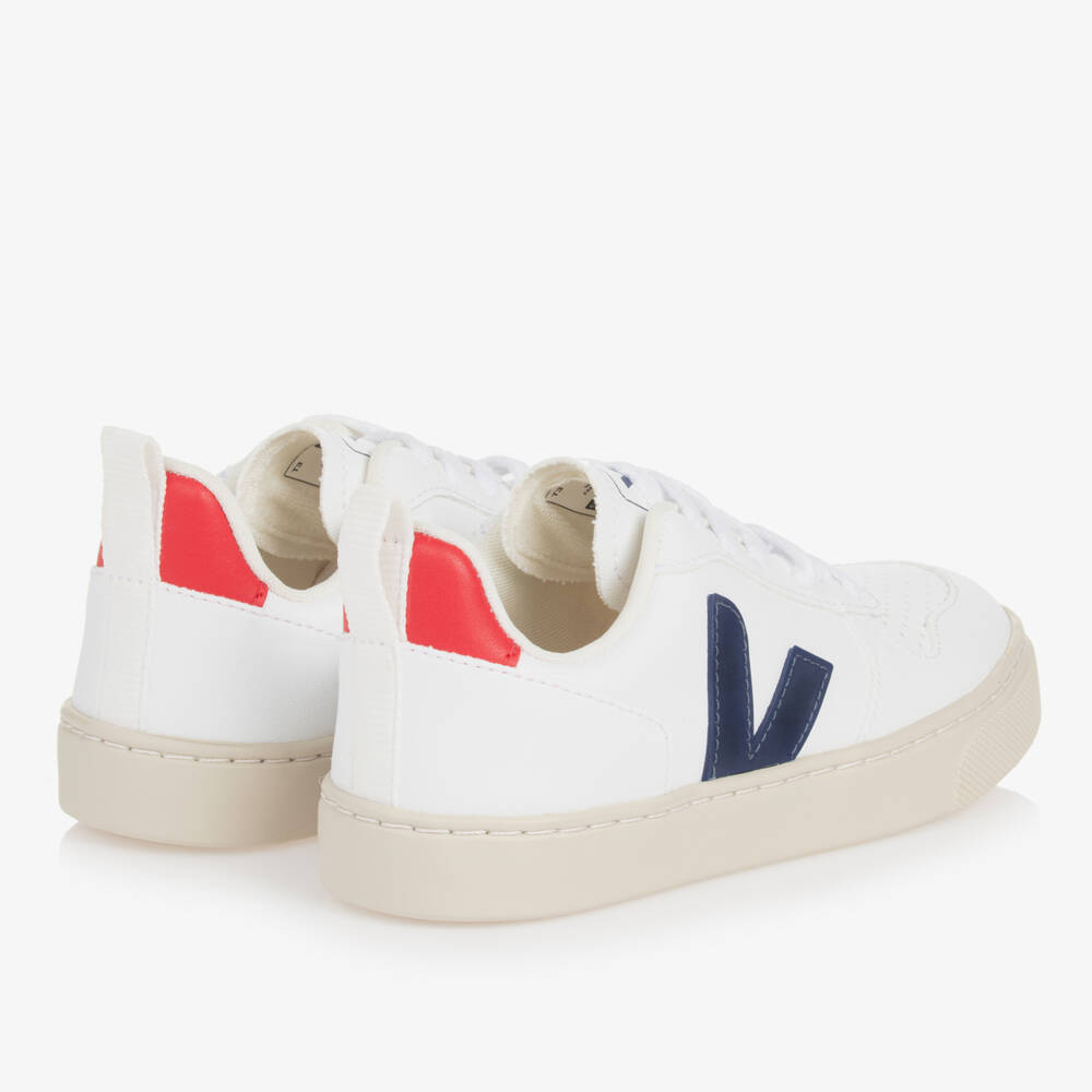 VEJA-Teen White & Navy Blue Lace-Up V-10 Trainers | Childrensalon Outlet