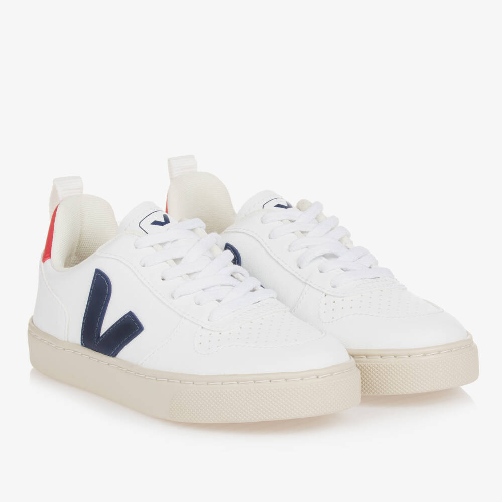 VEJA-Teen White & Navy Blue Lace-Up V-10 Trainers | Childrensalon Outlet