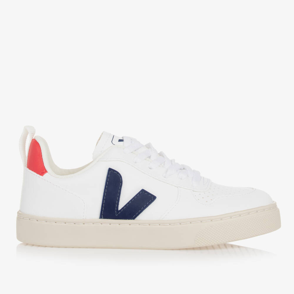 VEJA-Teen White & Navy Blue Lace-Up V-10 Trainers | Childrensalon Outlet