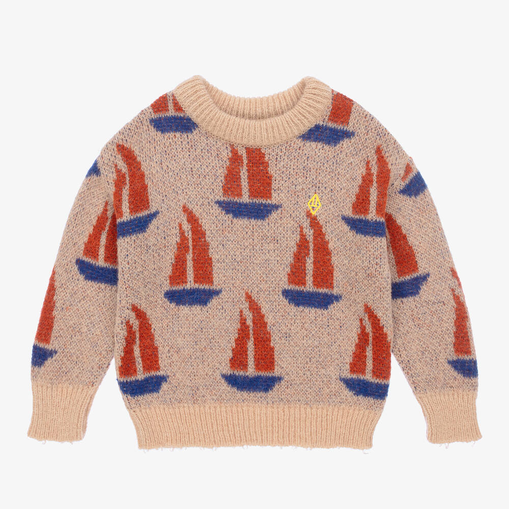 The Animals Observatory - Beige & Blue Knitted Graphic Sweater | Childrensalon