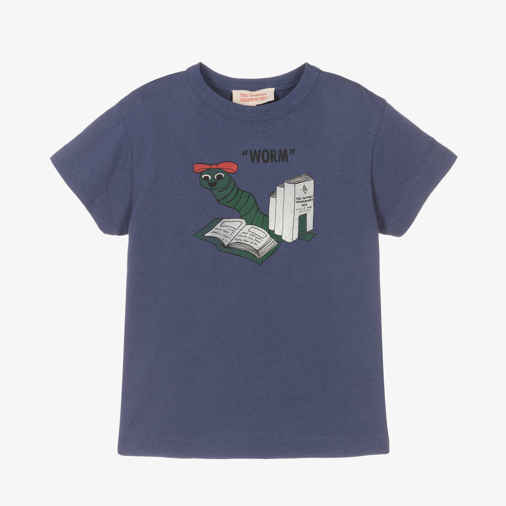 The Animals Observatory-Blue Cotton Bookworm T-Shirt | Childrensalon Outlet
