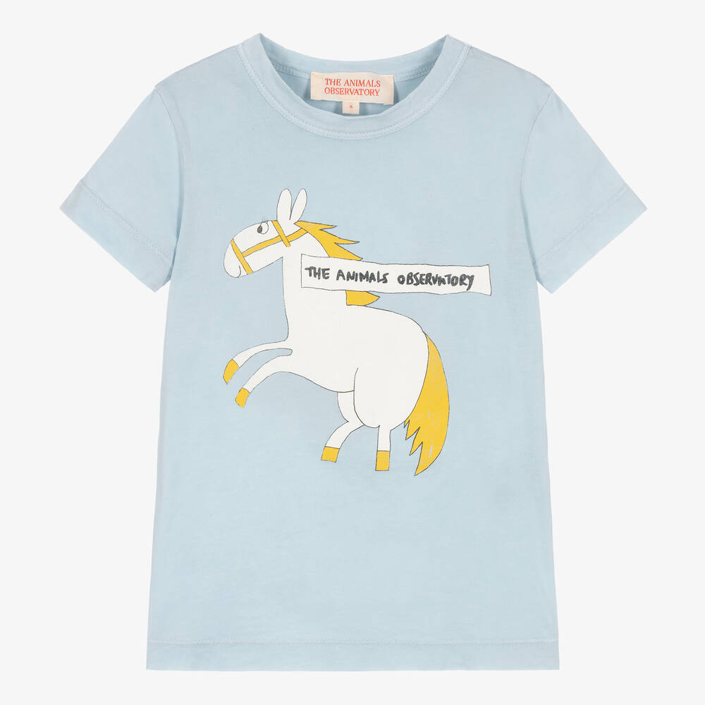 The Animals Observatory - Blaues Baumwoll-T-Shirt mit Pferd | Childrensalon