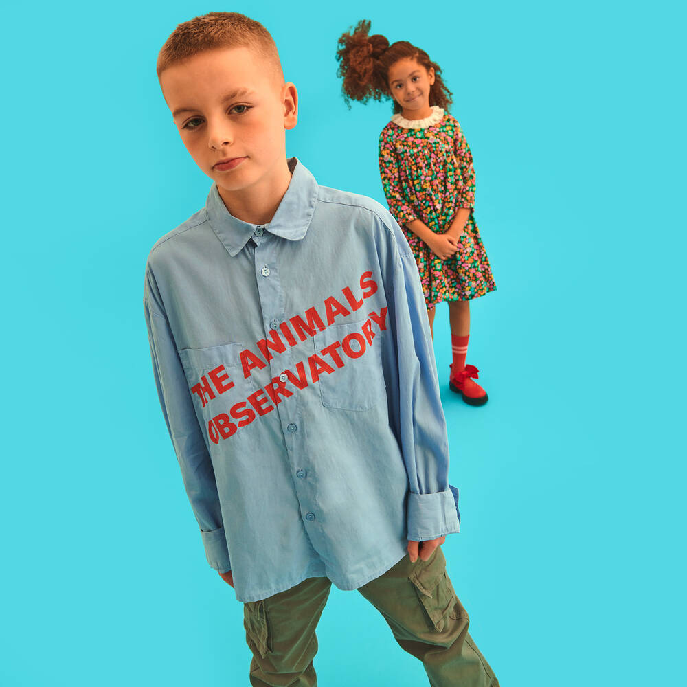 The Animals Observatory - Blue Tencel Logo Shirt | Childrensalon Outlet
