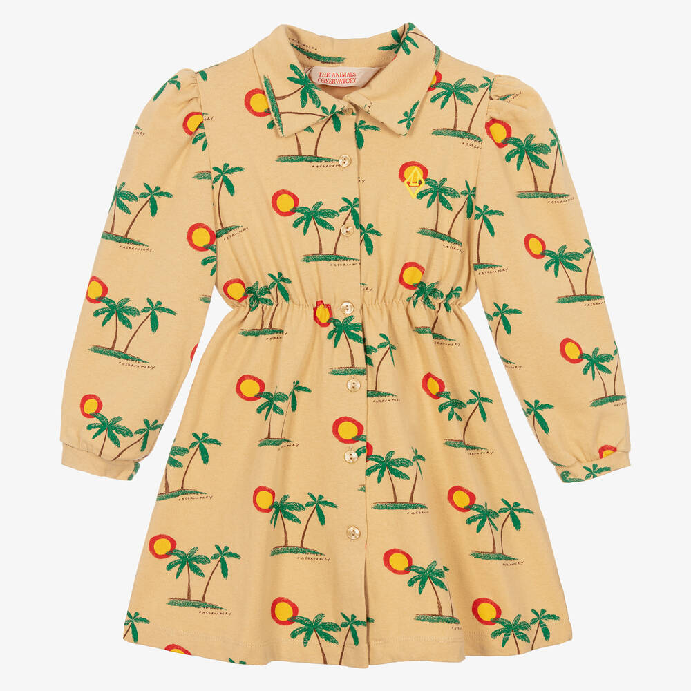 The Animals Observatory - Girls Beige Cotton Palm Tree Dress | Childrensalon