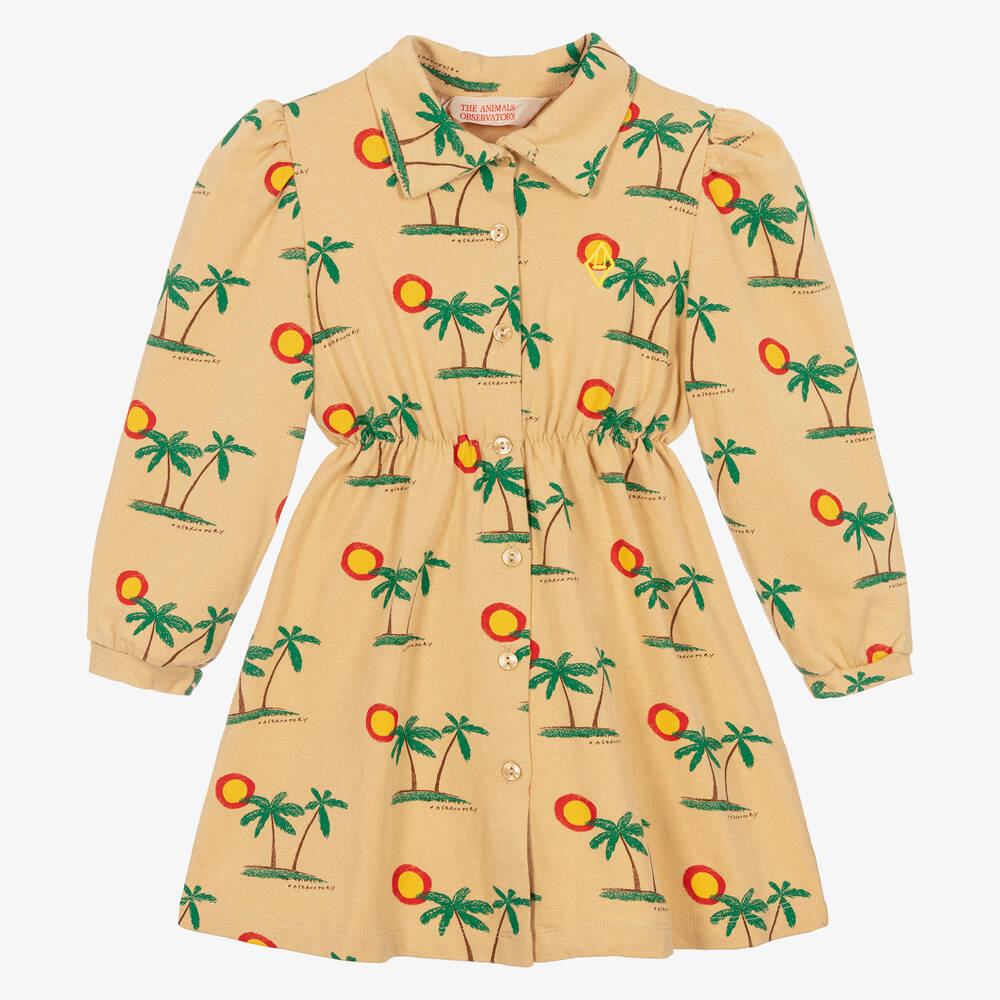 The Animals Observatory-Girls Beige Cotton Palm Tree Dress | Childrensalon Outlet