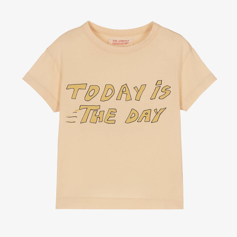 The Animals Observatory - Girls Beige Cotton Slogan T-Shirt | Childrensalon