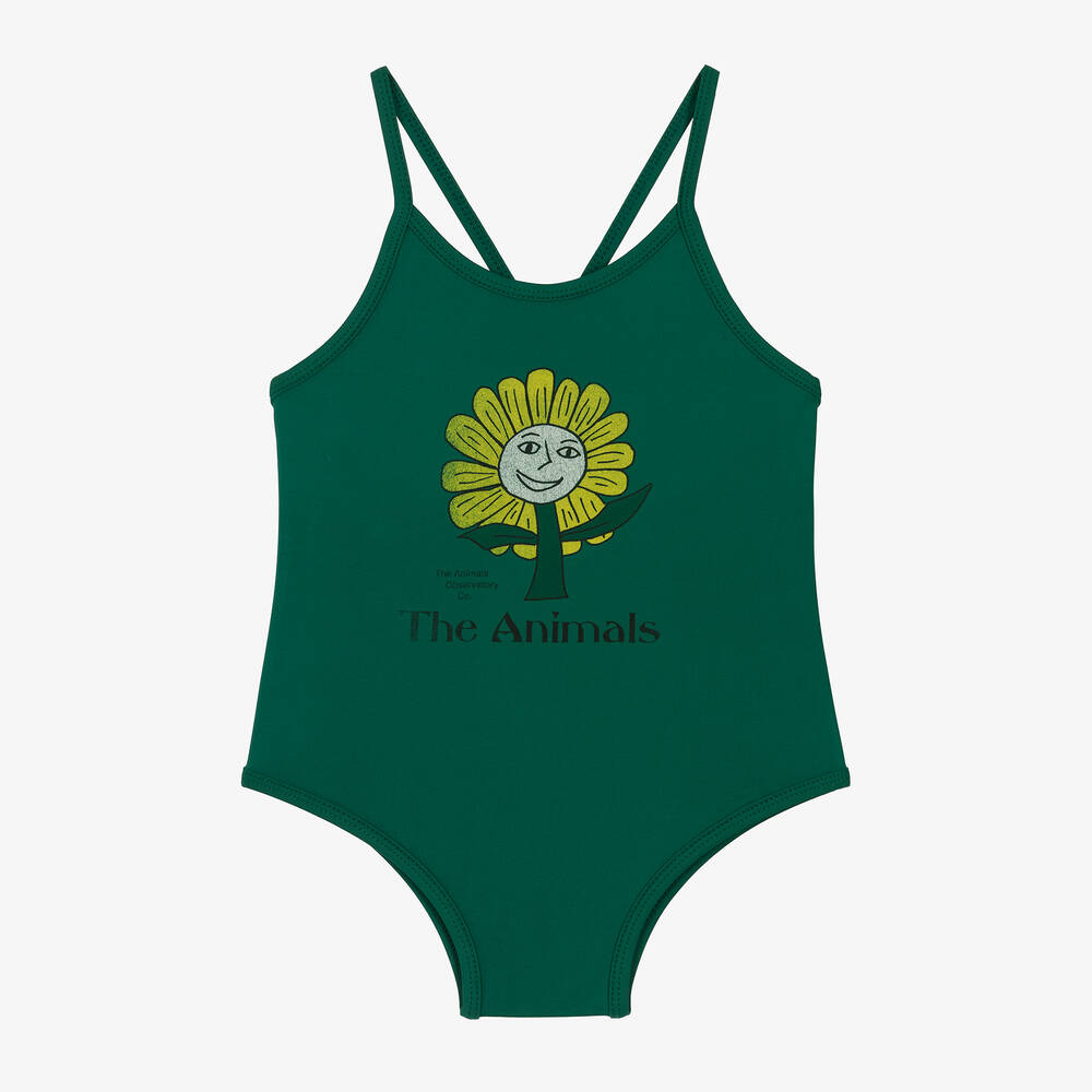 The Animals Observatory-Girls Green Flower Swimsuit (UPF50+) | Childrensalon Outlet
