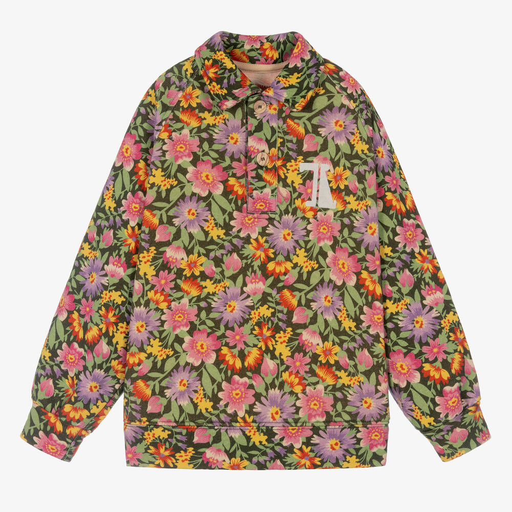 The Animals Observatory - Girls Green & Pink Cotton Floral Top | Childrensalon