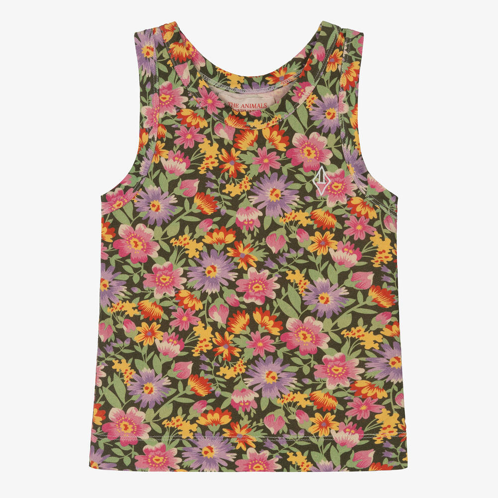 The Animals Observatory - Girls Green & Pink Cotton Floral Vest Top | Childrensalon