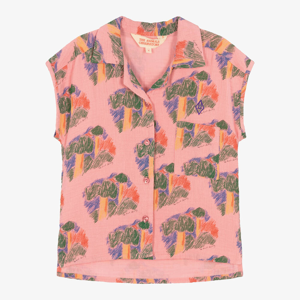 The Animals Observatory - Розовая хлопковая рубашка с деревьями | Childrensalon