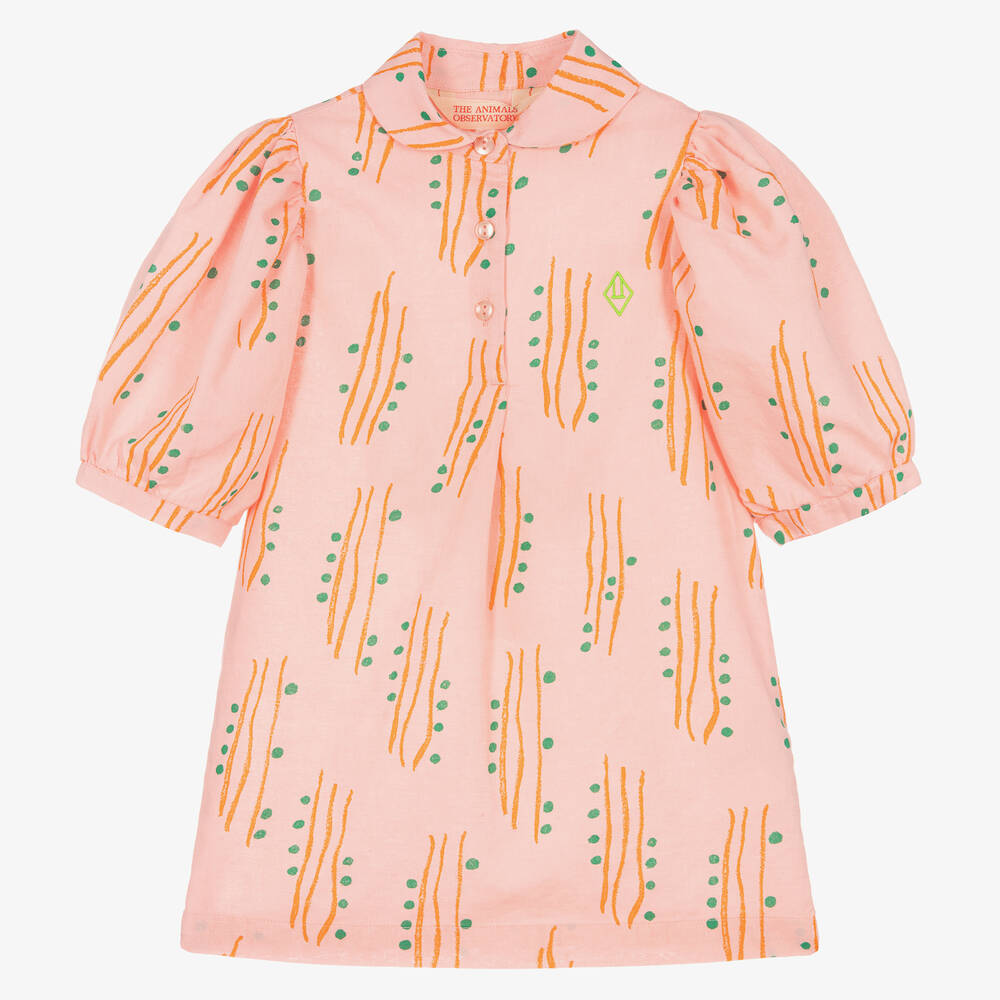 The Animals Observatory - Girls Pink Linen & Cotton Pattern Dress | Childrensalon
