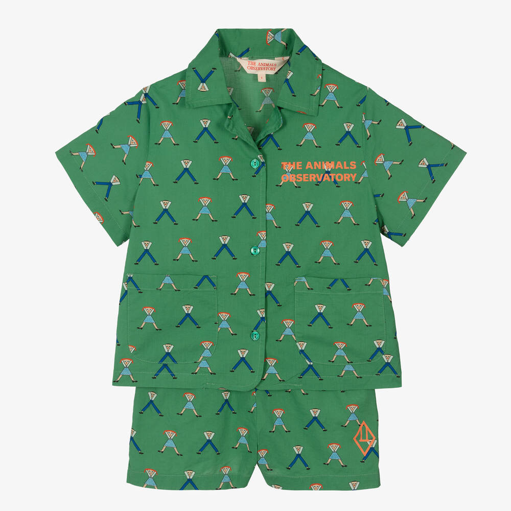 The Animals Observatory-Green Cotton Shirt & Shorts Set | Childrensalon Outlet