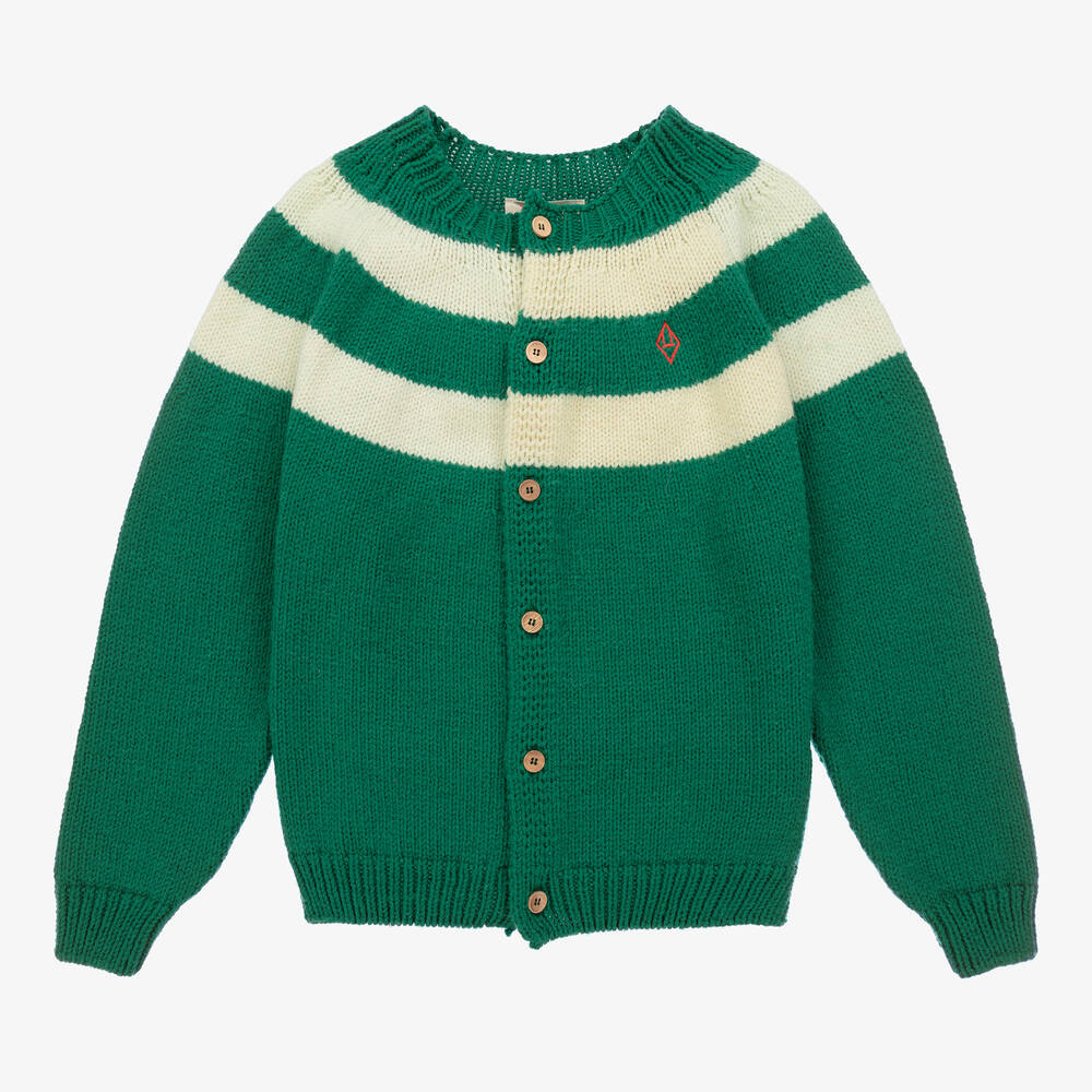 The Animals Observatory - Green & Ivory Stripe Wool Cardigan | Childrensalon