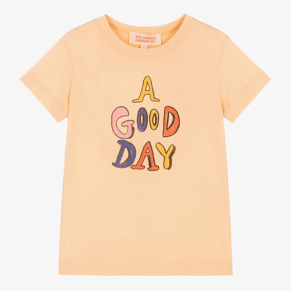 The Animals Observatory-Orange Cotton Slogan T-Shirt | Childrensalon Outlet