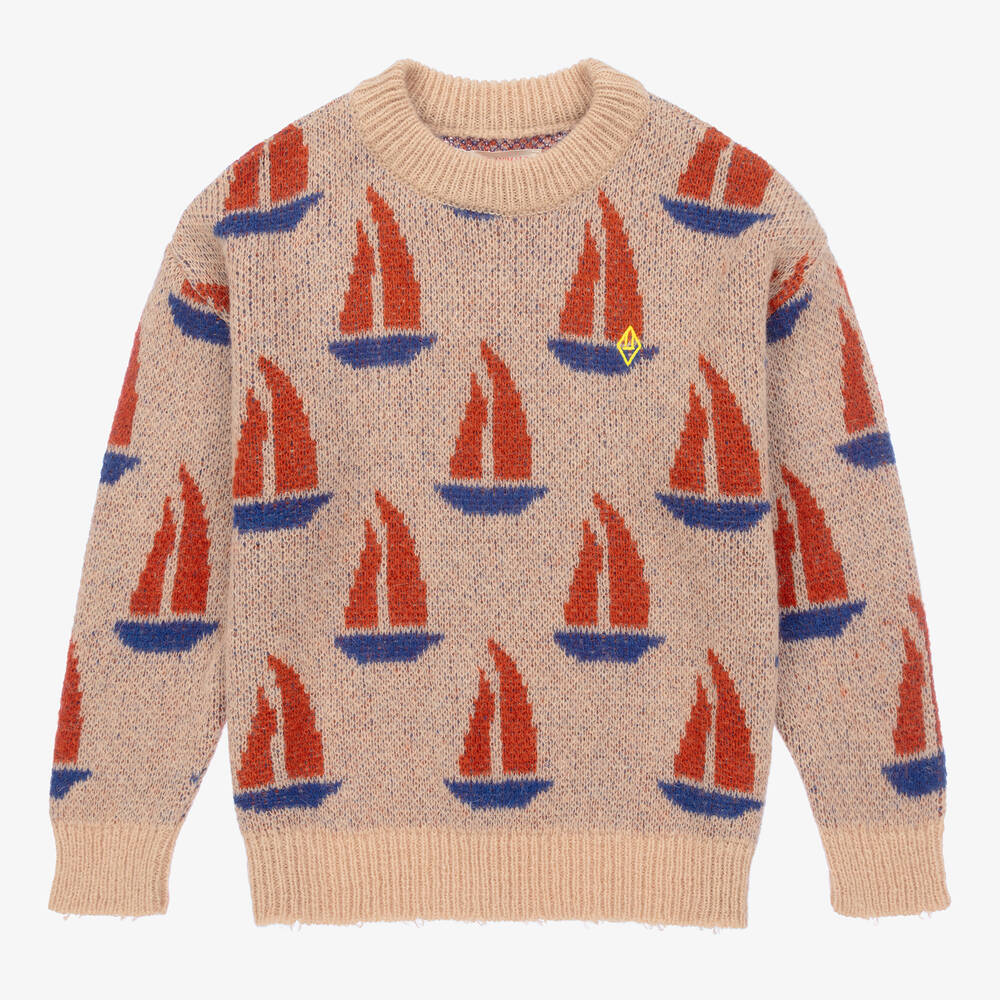 The Animals Observatory - Teen Beige & Blue Knitted Graphic Sweater | Childrensalon