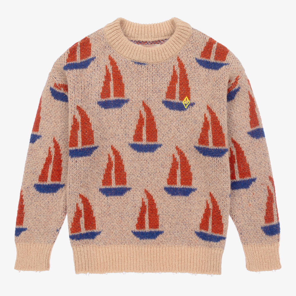 The Animals Observatory - Strickpulli mit Grafik Beige/Blau | Childrensalon