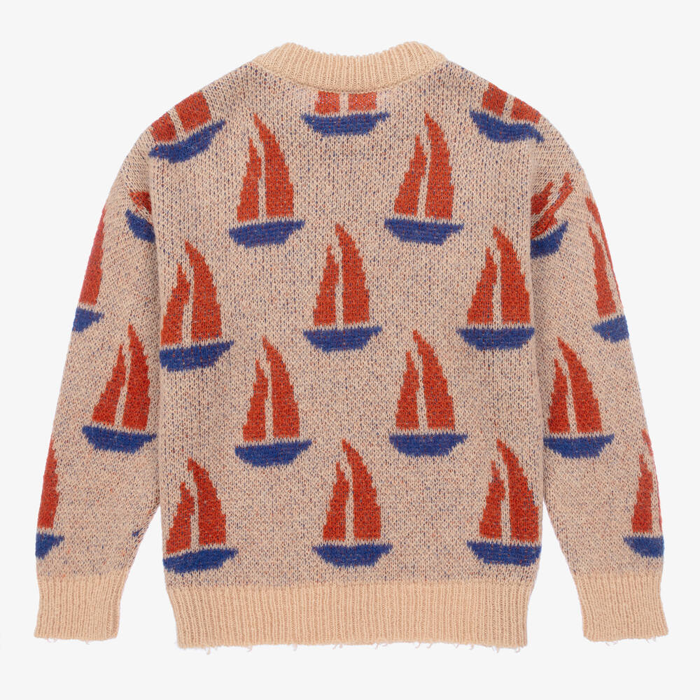 The Animals Observatory Teen Beige Blue Knitted Graphic Sweater
