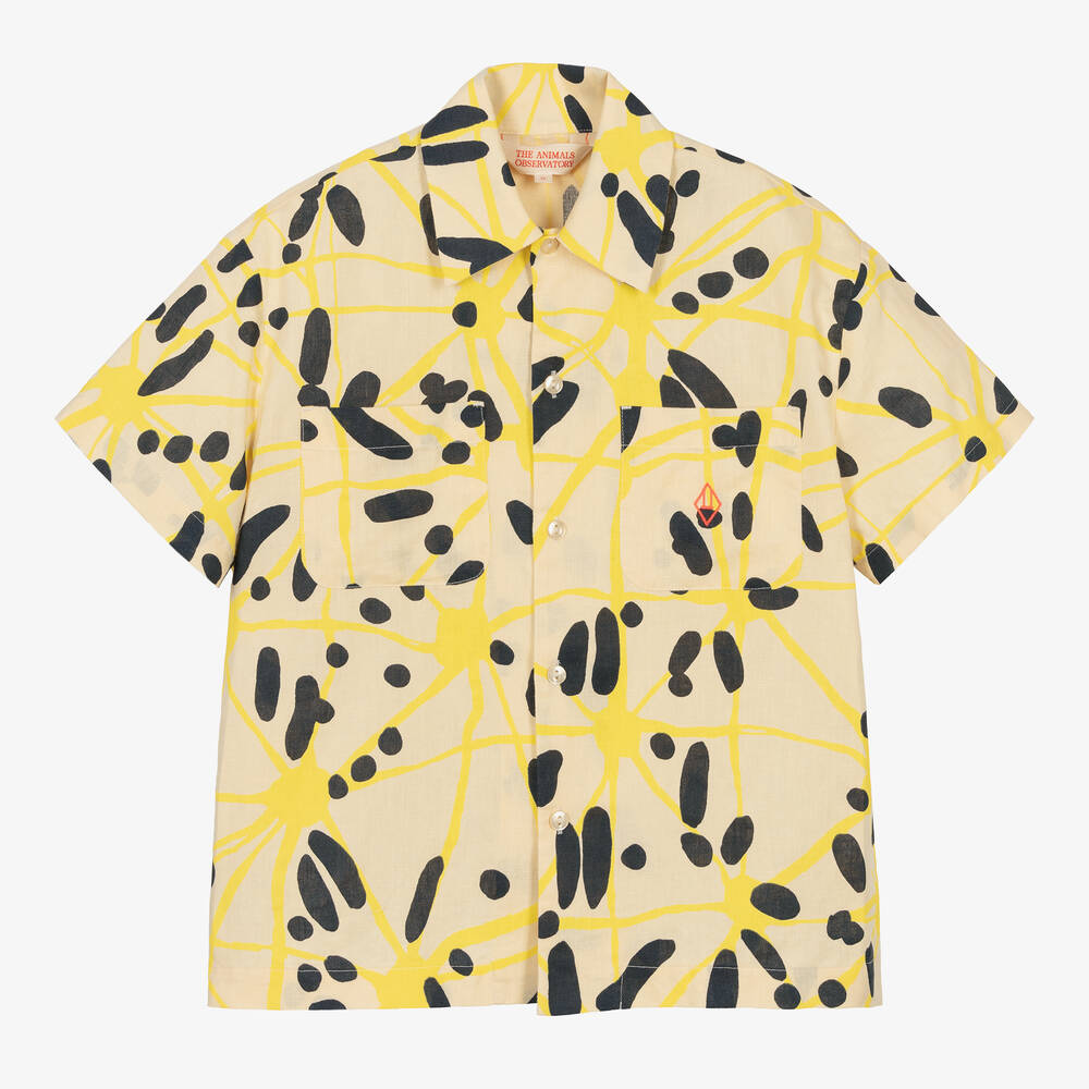 The Animals Observatory - Бежево-желтая льняная рубашка с узором | Childrensalon