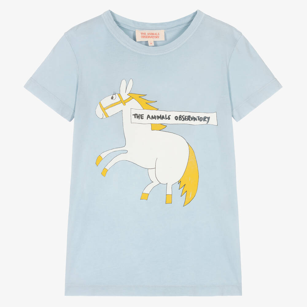 The Animals Observatory - Голубая хлопковая футболка с лошадкой | Childrensalon