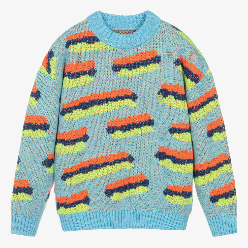 The Animals Observatory - Голубой вязаный свитер с оранжевыми деталями | Childrensalon