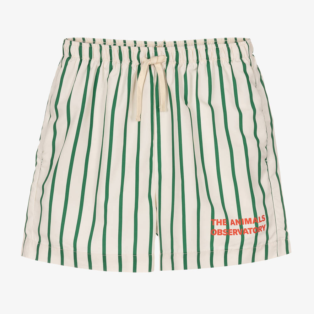 The Animals Observatory - Teen Boys Ivory & Green Striped Swim Shorts | Childrensalon