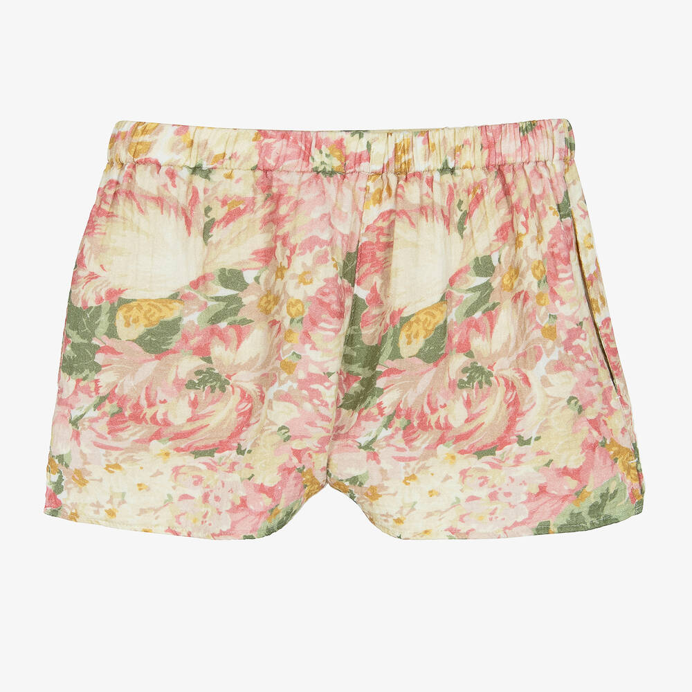 The Animals Observatory-شورت تينز بناتي قطن لون بيج وزهري بطبعة ورود | Childrensalon Outlet