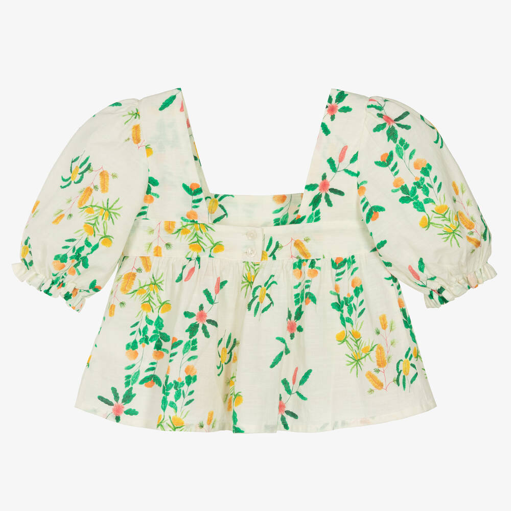The Animals Observatory-بلوز قطن وكتان لون أبيض بطبعة ورود للمراهقات | Childrensalon Outlet