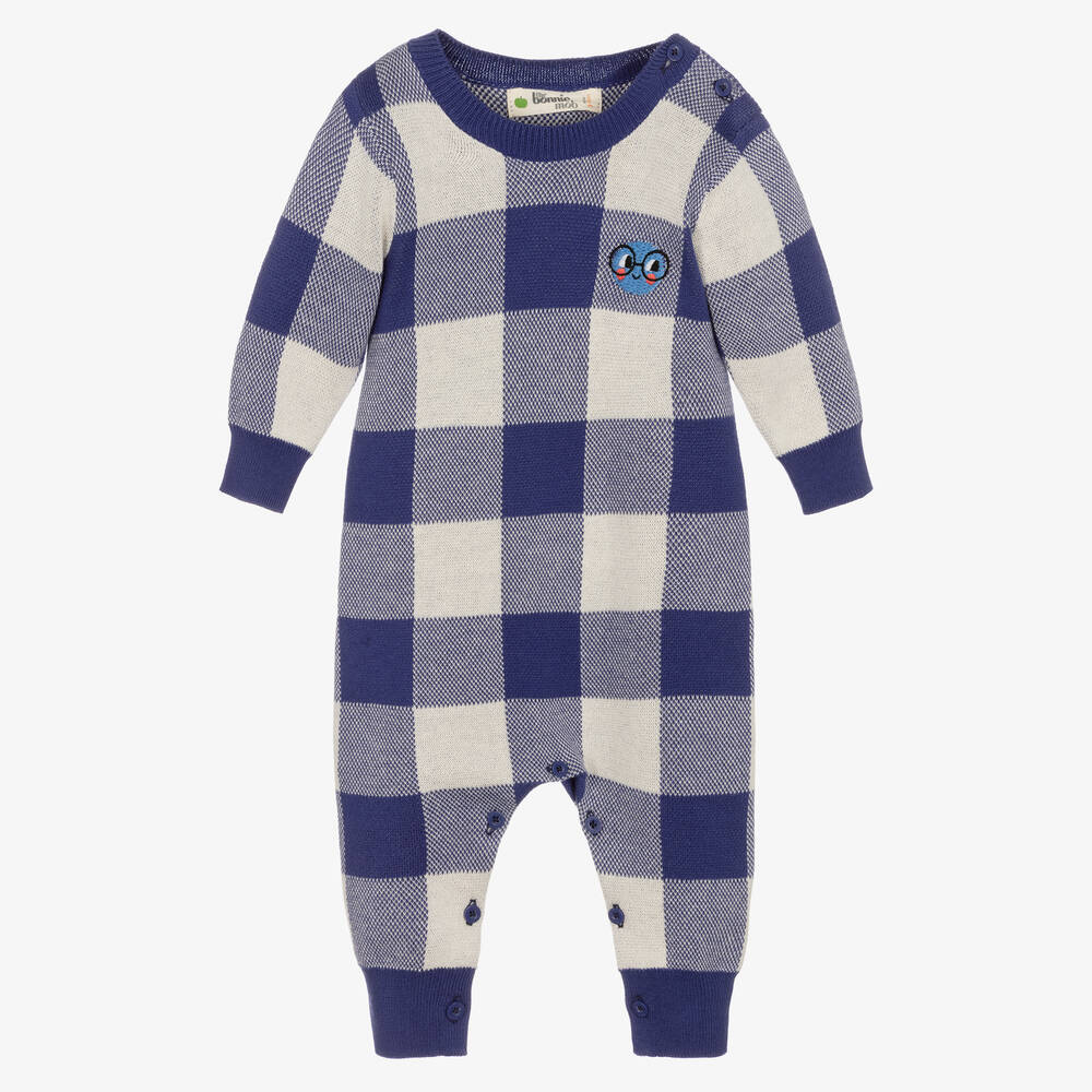 The Bonniemob - Baby Boys Blue Check Cotton Knit Romper | Childrensalon
