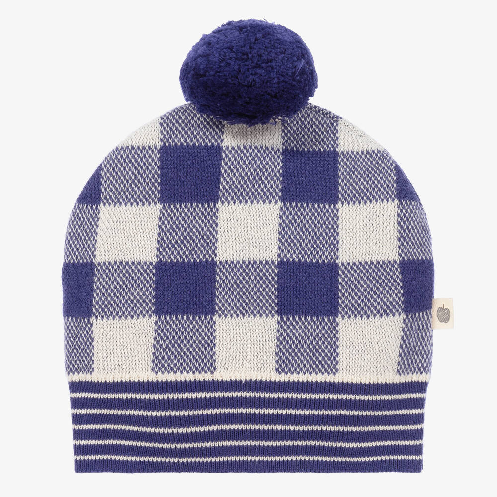The Bonniemob - Boys Blue Checked Cotton Knitted Hat | Childrensalon