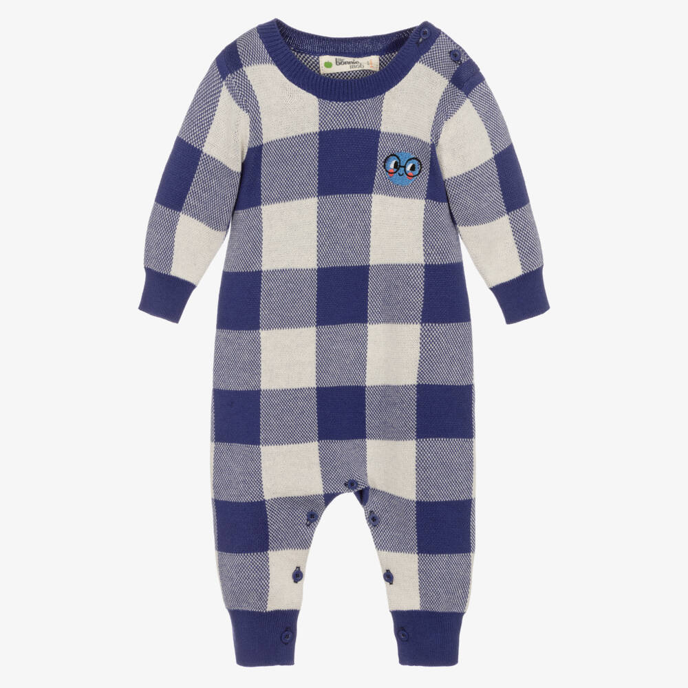 The Bonniemob-Baby Boys Blue Check Cotton Knit Romper | Childrensalon Outlet